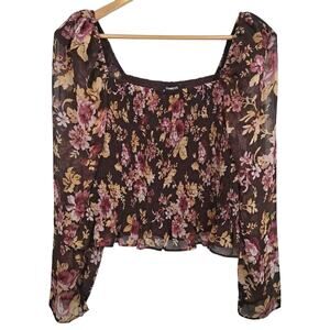 NWT Express Cropped Blouse Womens XL Red Maroon Floral Sheer Long Sleeve Shirt